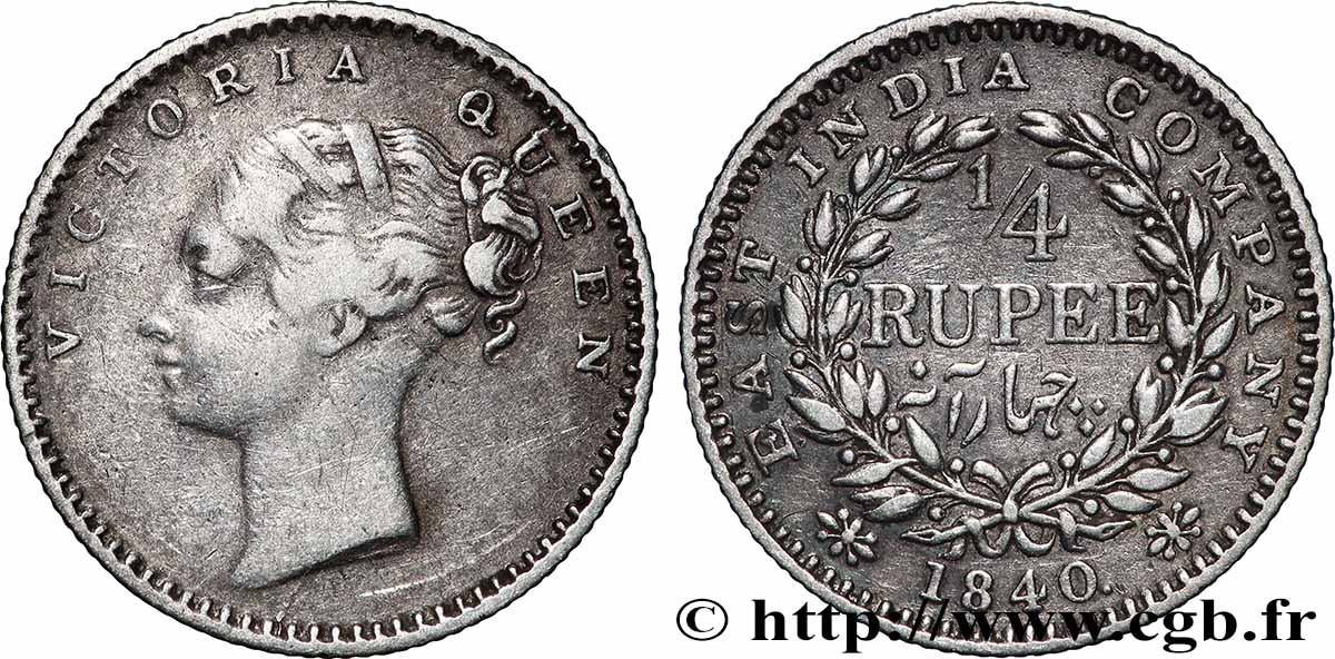 INDES BRITANNIQUES 1/4 Roupie East India Company Victoria 1840  TTB 