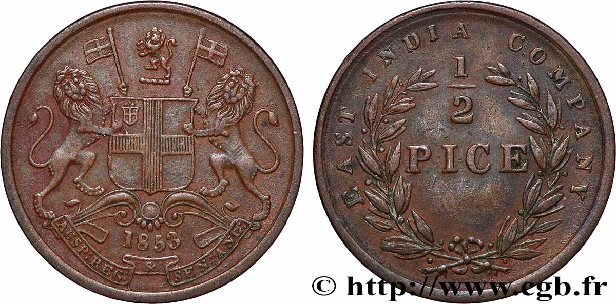INDES BRITANNIQUES 1/2 Pice 1853  TTB 