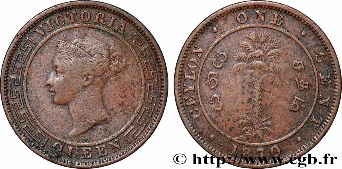 CEYLON 1 Cent Victoria 1870 Calcutta fSS 