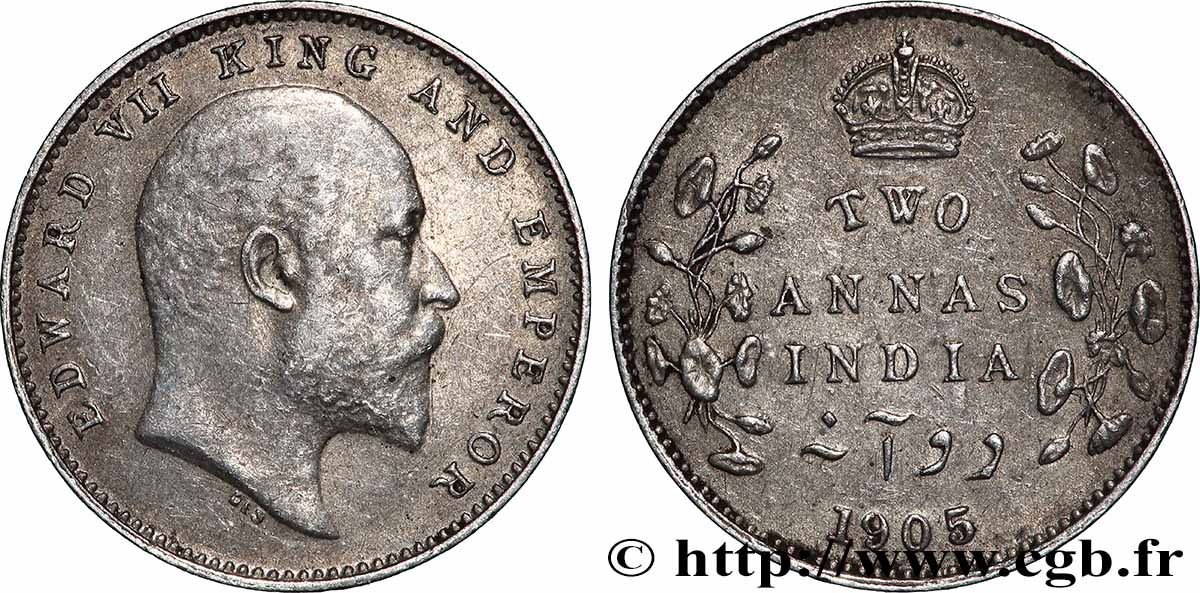INDES BRITANNIQUES 2 Annas Edouard VII 1905 Calcutta TTB 