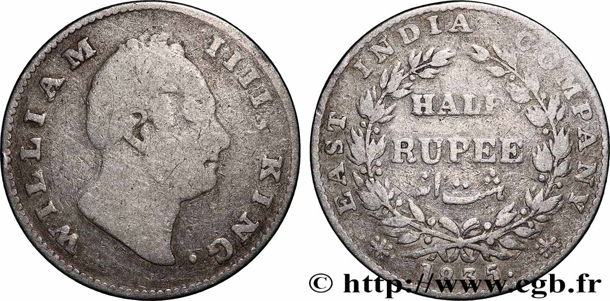 BRITISH INDIA 1/2 Roupie William IV 1835 Bombay VF 