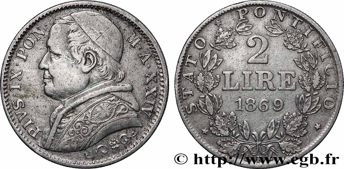 VATIKANSTAAT UND KIRCHENSTAAT 2 Lire Pie IX an XXIV 1869 Rome SS 