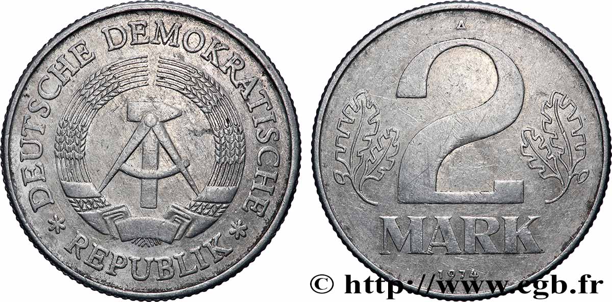 GERMAN DEMOCRATIC REPUBLIC 2 Mark emblème de la RDA 1974 Berlin XF 