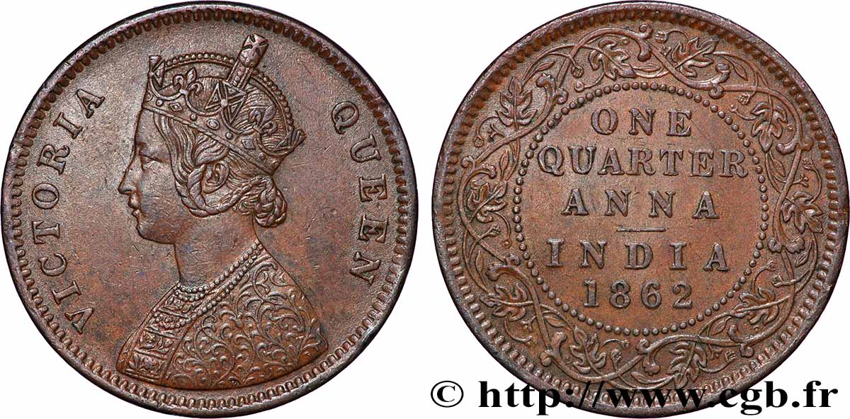 INDES BRITANNIQUES 1/4 Anna Victoria 1862 Calcutta TTB+ 
