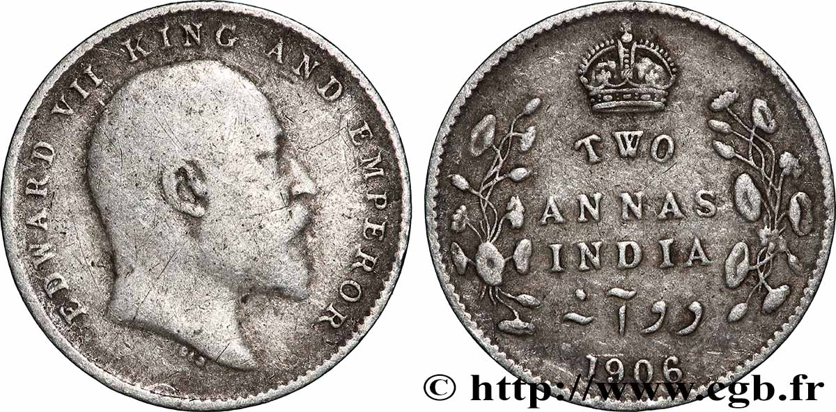 BRITISH INDIA 2 Annas Edouard VII 1906 Calcutta XF 