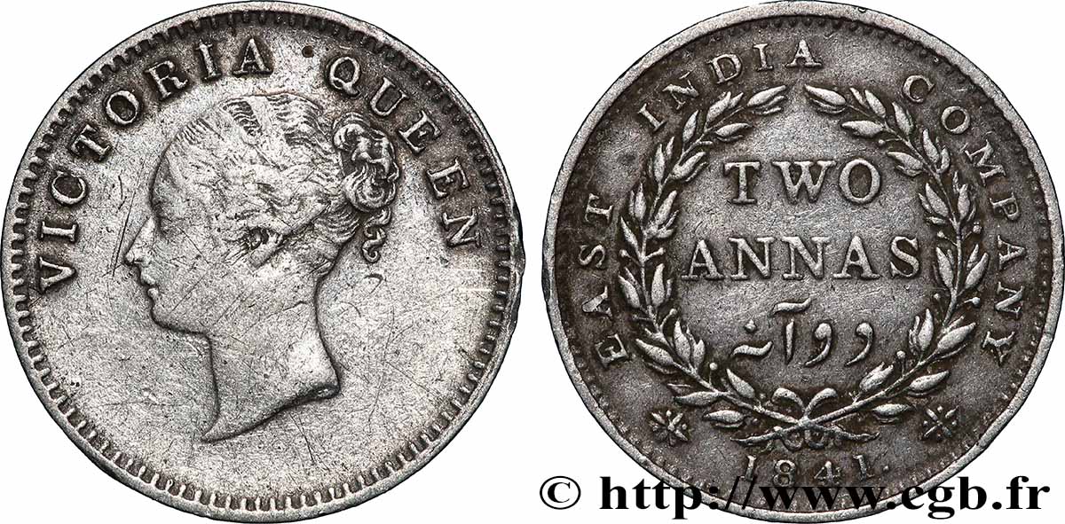 INDIA BRITÁNICA 2 Annas East India Company Victoria 1841 Calcutta MBC 