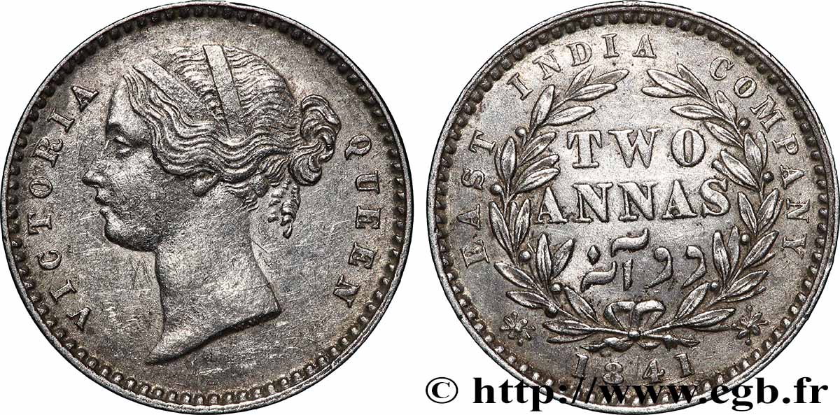 INDES BRITANNIQUES 2 Annas East India Company Victoria 1841 Bombay TTB+ 