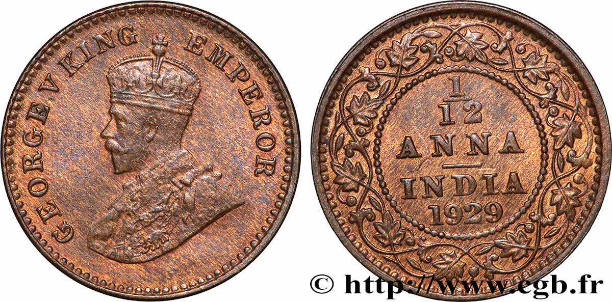 INDIA BRITANNICA 1/12 Anna (1 Pie) Georges V 1929 Calcutta SPL 