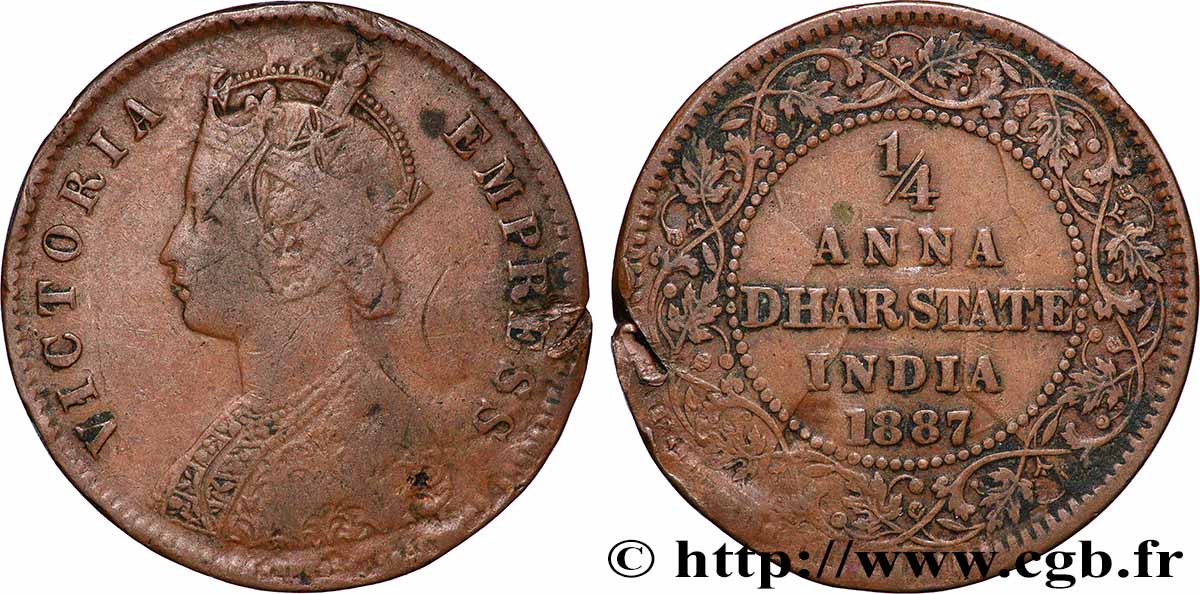 BRITISH INDIA 1/4 Anna Victoria - Principauté de Dhar 1887  VF 