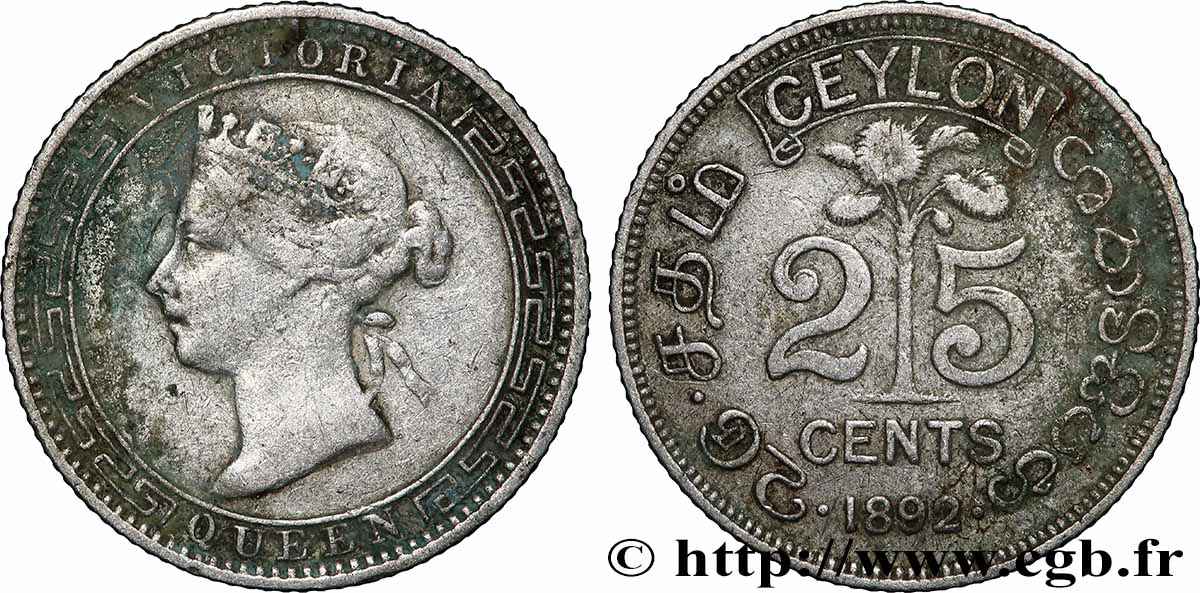 CEYLON 25 Cents Victoria 1892  VF 