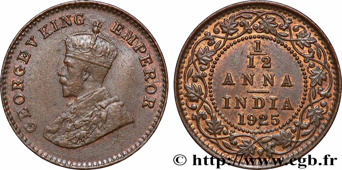 BRITISH INDIA 1/12 Anna (1 Pie) Georges V 1925 Bombay AU 