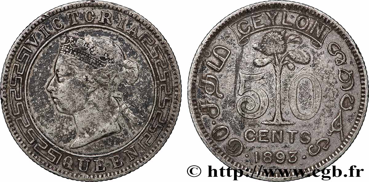 CEYLON 50 Cents Victoria 1893  VF 