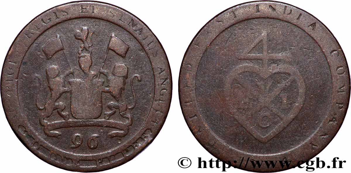 INDES BRITANNIQUES - COMPAGNIE ORIENTALE DES INDES - PRÉSIDENCE DE MADRAS 1/2 Dub (1/96 Rupee) 1794 Soho TB 