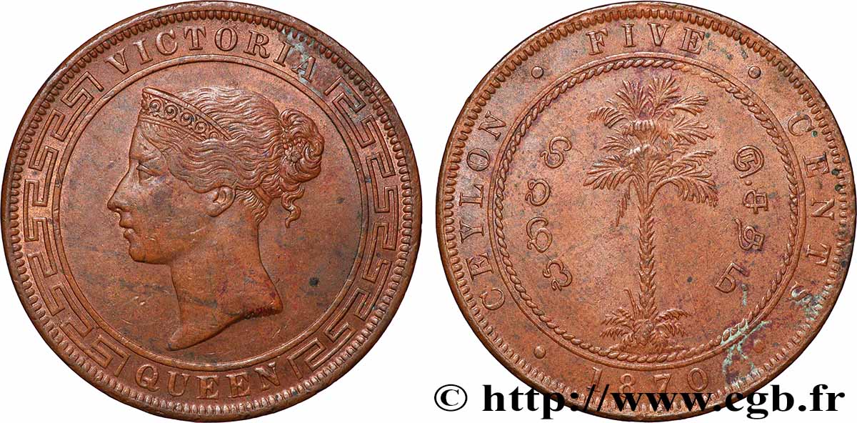 CEYLAN 5 Cents Victoria 1870 Calcutta TTB+ 