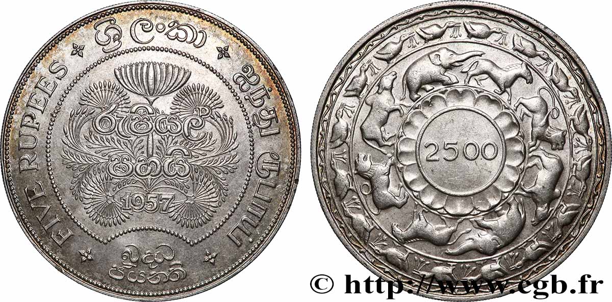 CEYLON 5 Roupies (Rupees) 2500 ans de Bouddhisme 1957  AU 