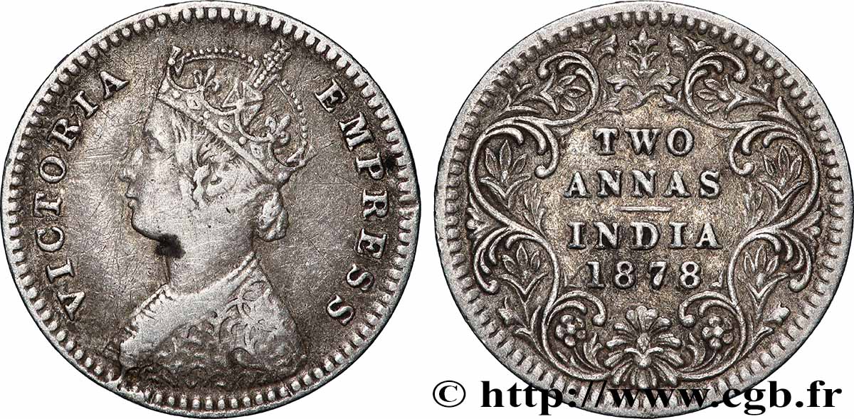 BRITISH INDIA 2 Annas Victoria 1878 Bombay XF 