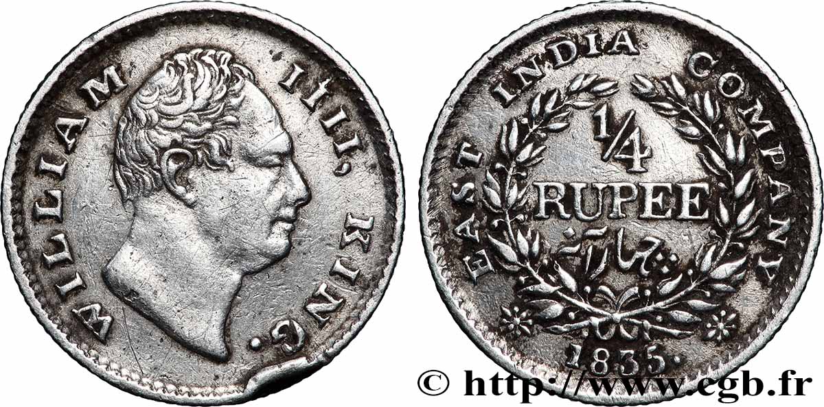 INDIA BRITÁNICA 1/4 Rupee (Roupie) William IV 1835 Calcutta MBC 