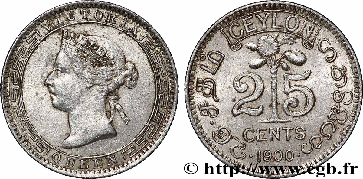 CEYLAN 25 Cents Victoria 1900 Londres TTB+ 