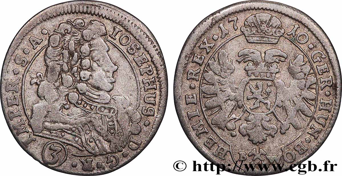 KINGDOM OF BOHEMIA - JOSEPH I 3 Kreuzer 1710 Breslau XF 