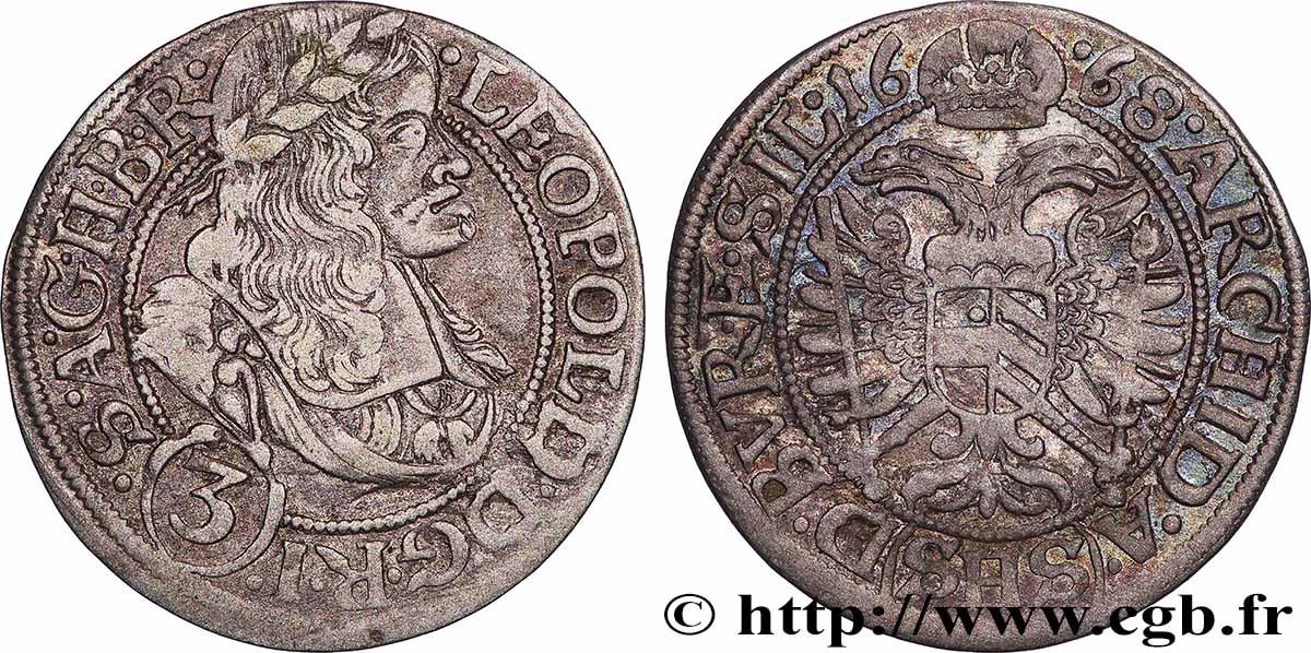 KINGDOM OF BOHEMIA - LEOPOLD I 3 Kreuzer Léopold Ier (Silésie) 1668 Breslau VF 