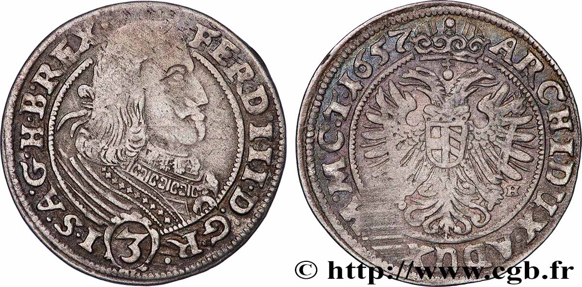 KINGDOM OF BOHEMIA - FERDINAND III OF HABSBURG 3 Kreuzer (Silésie) 1657 Breslau XF 