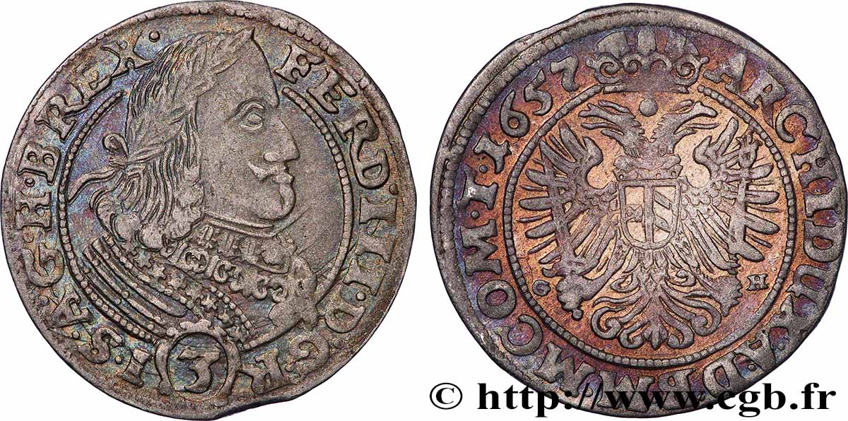 KINGDOM OF BOHEMIA - FERDINAND III OF HABSBURG 3 Kreuzer (Silésie) 1657 Breslau AU 
