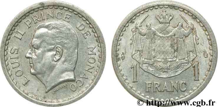 MONACO 1 Franc Louis II / armes 1943 Paris TTB 