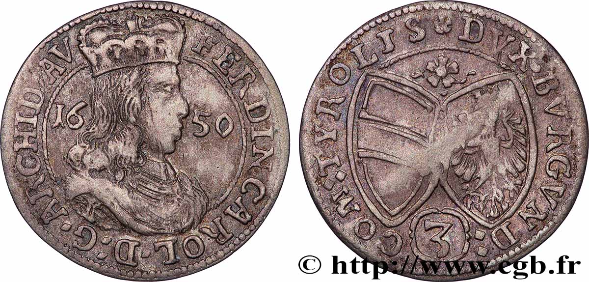 AUSTRIA - TYROL - FERDINAND-CHARLES 3 Kreuzer 1650 Hall XF 