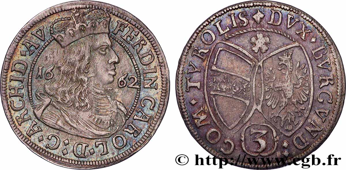AUSTRIA - TYROL - FERDINAND-CHARLES 3 Kreuzer 1662 Hall AU 