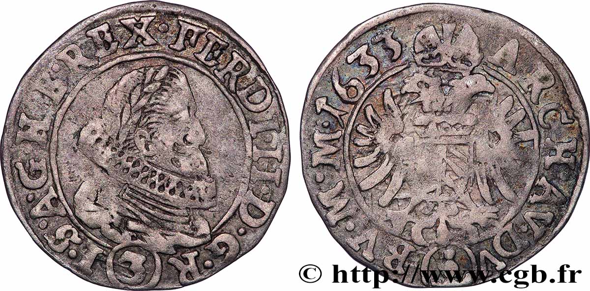 AUSTRIA - BOHEMIA - FERDINAND II OF HABSBURG 3 Kreuzer 1633 Joachimsthal VF 