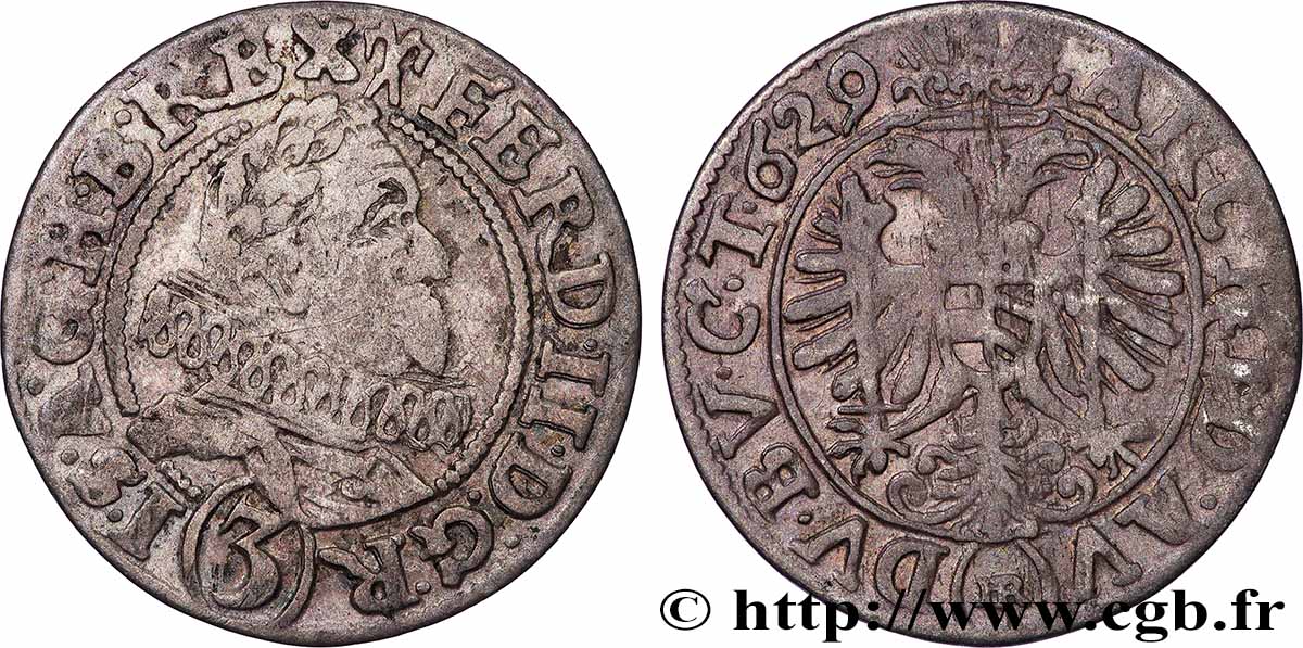 AUSTRIA - BOHEMIA - FERDINAND II OF HABSBURG 3 Kreuzer 1629 Glatz VF 