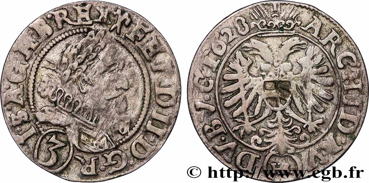 AUSTRIA - BOHEMIA - FERDINAND II OF HABSBURG 3 Kreuzer 1628 Glatz VF 