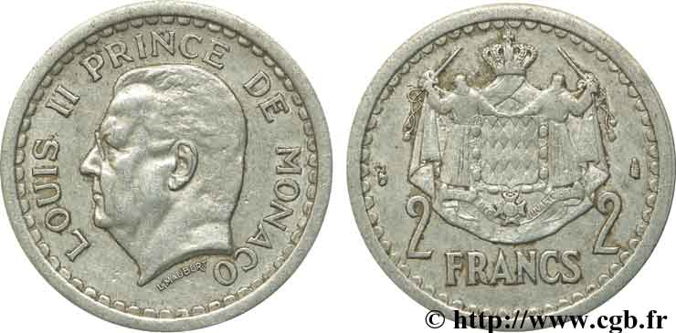 MONACO 2 Francs Louis II / armes 1943 Paris TTB 
