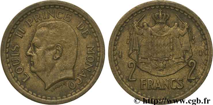 MONACO 2 Francs Louis II / armes (1943) Paris fSS 