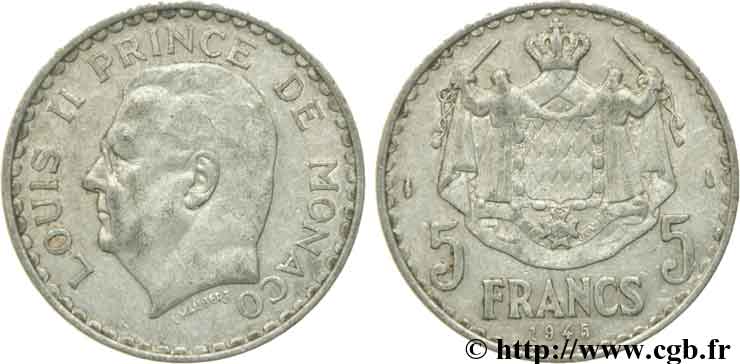 MONACO 5 Francs Louis II / armoiries 1945 Paris BC+ 
