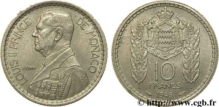 MONACO 10 Francs Louis II / manteau d’armes couronné 1946 Paris fVZ 