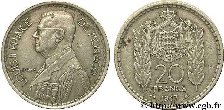 MONACO 20 Francs prince Louis II / armes 1947 Paris XF 