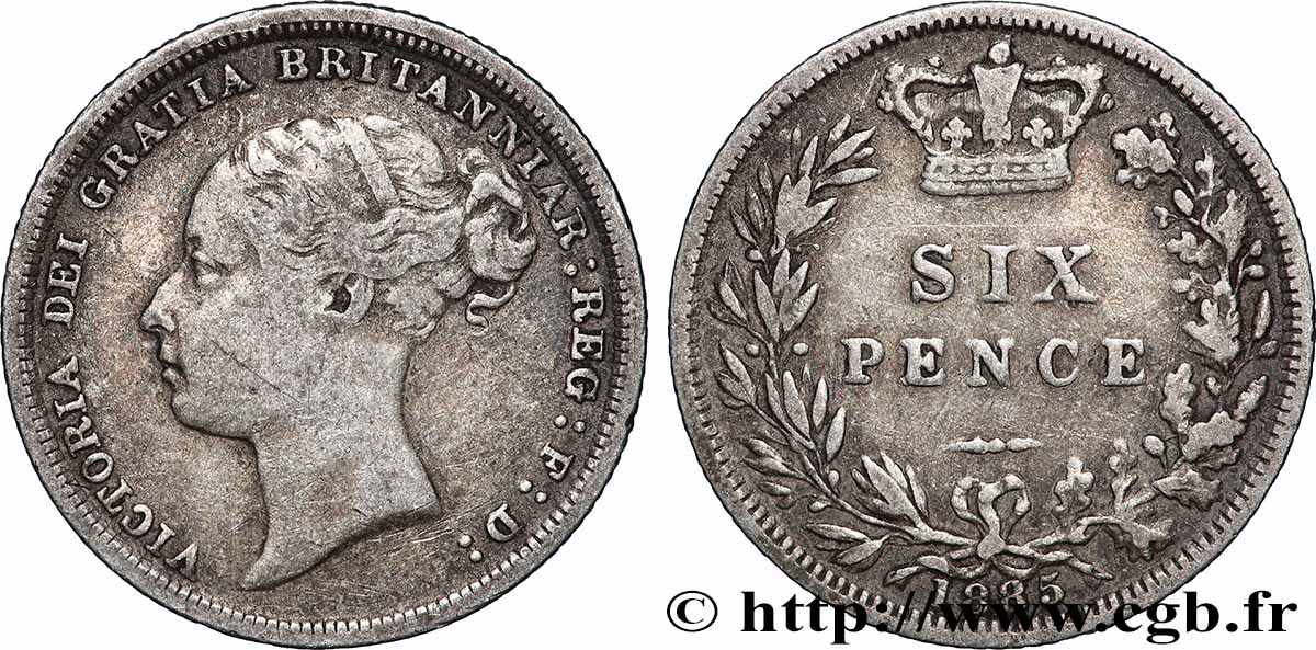 ROYAUME-UNI 6 Pence Victoria tête jeune 1885 Londres TB+ 