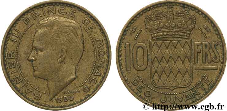 MONACO 10 Francs Rainier III / écu couronné 1950 Paris fSS 