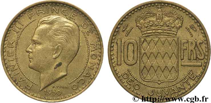 MONACO 10 Francs Rainier III / écu couronné 1950 Paris AU 
