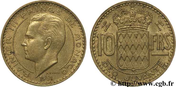 MONACO 10 Francs Rainier III / écu couronné 1951 Paris AU 
