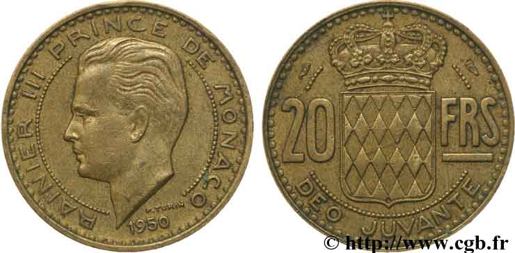 MONACO 20 Francs Rainier III / écu couronné 1950 Paris BB 