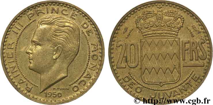 MONACO 20 Francs Rainier III / écu couronné 1950 Paris q.SPL 