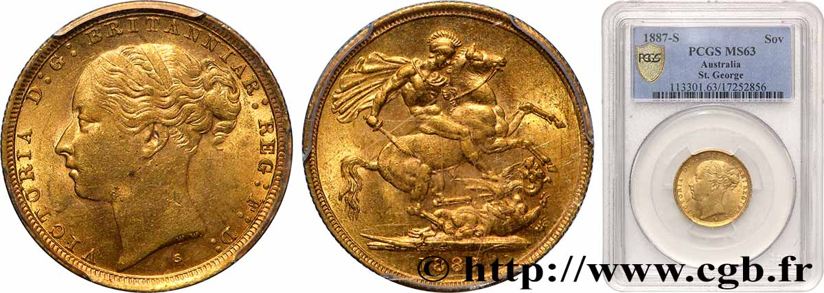 AUSTRALIE - VICTORIA 1 Souverain Victoria type blason 1887 Sydney fST63 PCGS