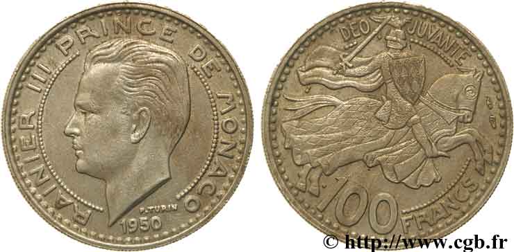 MONACO 100 Francs Rainier III / chevalier Grimaldi 1950 Paris XF 