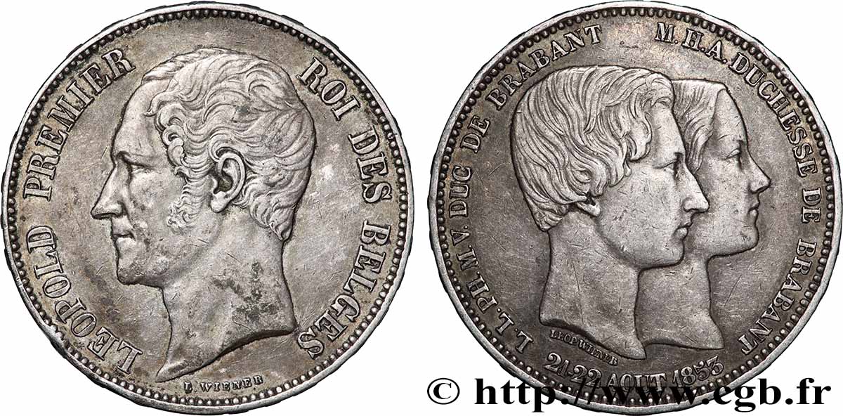 BELGIUM 5 Francs mariage du Duc et de la Duchesse de Brabant 1853  AU 