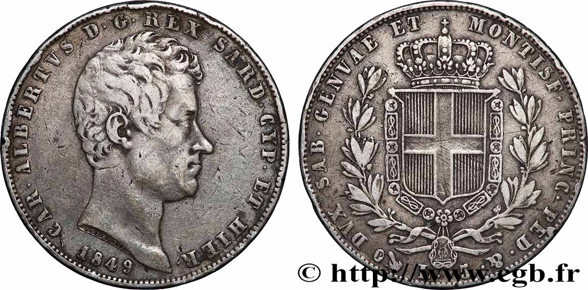 ITALIE - ROYAUME DE SARDAIGNE - CHARLES-ALBERT 5 Lire  1849 Gênes TTB 