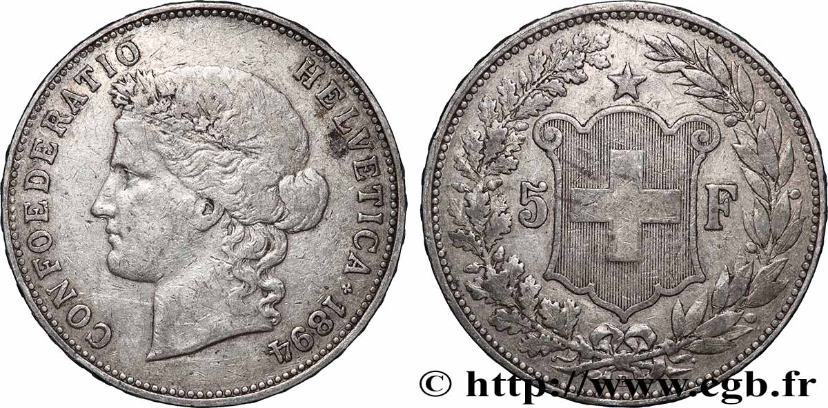 SUISSE 5 Francs Helvetia 1894 Berne TTB 