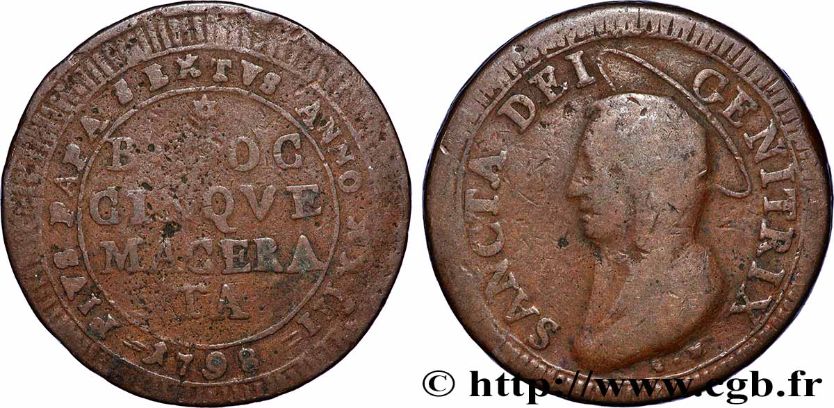 ITALIE - ÉTATS DU PAPE - PIE VI (Jean-Ange Braschi) 5 Baiocchi an XXIII 1798 Macerata TB+ 
