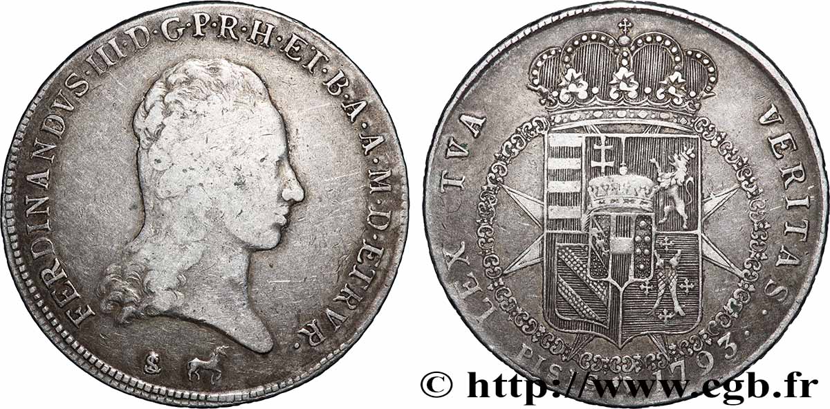 ITALIE - GRAND DUCHÉ DE TOSCANE -  FERDINAND III DE LORRAINE Francescone d’argent 1793 Florence SS 